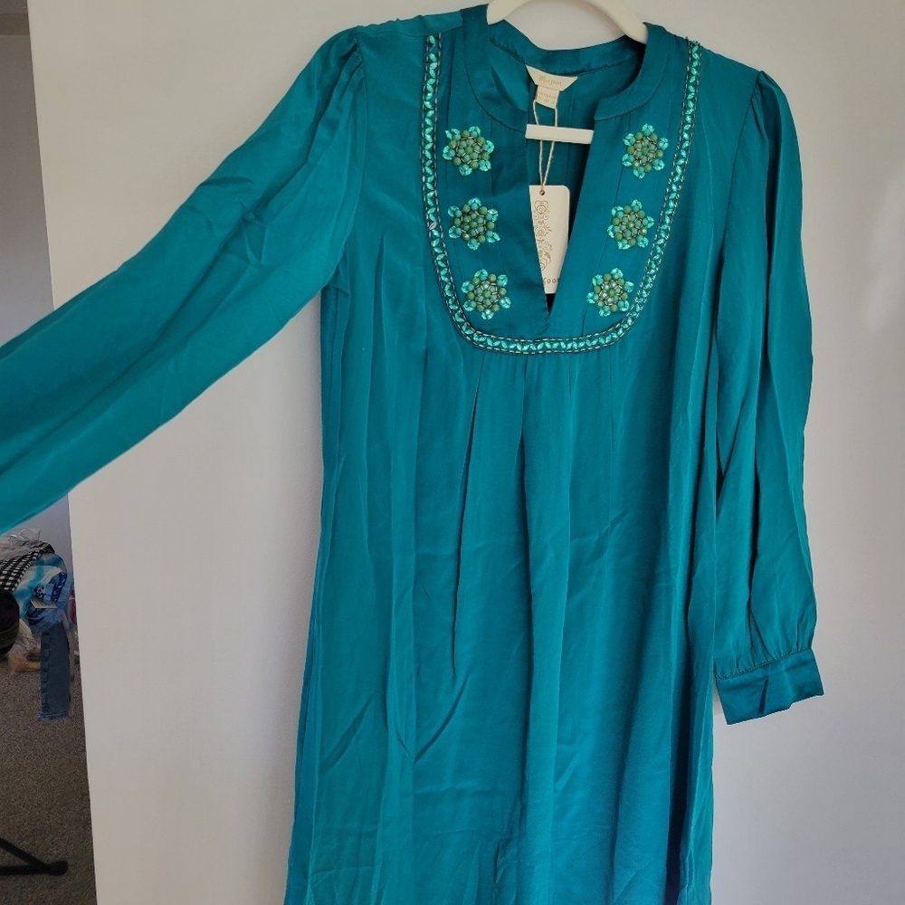 Silk Monsoon Silk  Dress Jade Embellished Sz 8 NWT